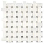 Afyon White Marble Polished Basketweave Mosaic Tile w/ Blue-Gray Dots-Marble Mosaic-American Tile Depot