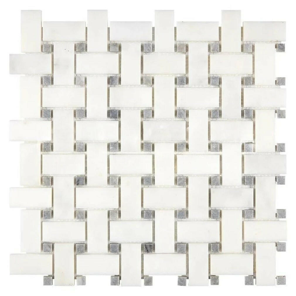 Afyon White Marble Polished Basketweave Mosaic Tile w/ Blue-Gray Dots-Marble Mosaic-American Tile Depot