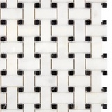 Afyon White Marble Polished Basketweave Mosaic Tile w/ Black Dots