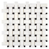 Afyon White Marble Polished Basketweave Mosaic Tile w/ Black Dots