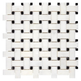 Afyon White Marble Polished Basketweave Mosaic Tile w/ Black Dots