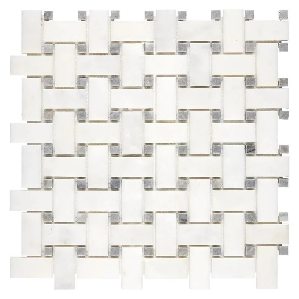 Afyon White Marble Polished Basketweave Mosaic Tile w/ Blue-Gray Dots-Marble Mosaic-American Tile Depot