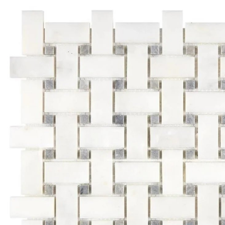 Afyon White Marble Polished Basketweave Mosaic Tile w/ Blue-Gray Dots-Marble Mosaic-American Tile Depot