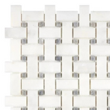 Afyon White Marble Polished Basketweave Mosaic Tile w/ Blue-Gray Dots