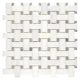 Afyon White Marble Polished Basketweave Mosaic Tile w/ Blue-Gray Dots