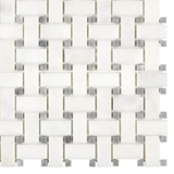 Afyon White Marble Polished Basketweave Mosaic Tile w/ Blue-Gray Dots