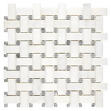 Afyon White Marble Polished Basketweave Mosaic Tile w/ Blue-Gray Dots