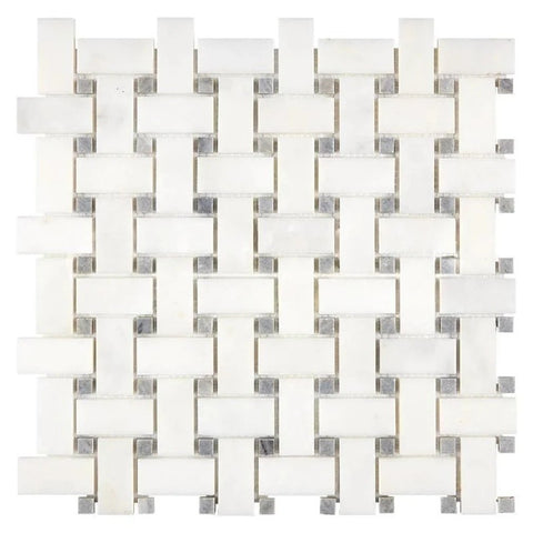 Afyon White Marble Polished Basketweave Mosaic Tile w/ Blue-Gray Dots