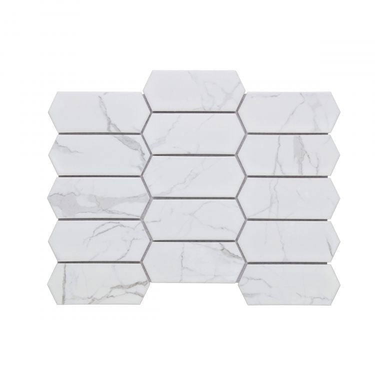 Sample of Arrow Picket Statuario Matte Elongated Hexagon Porcelain Mosaic Tile-Sample-American Tile Depot