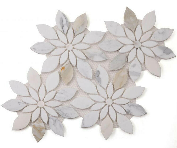 Aster Bloom Calacatta Polished Flower Marble Mosaic Tile-Marble Mosaic-American Tile Depot