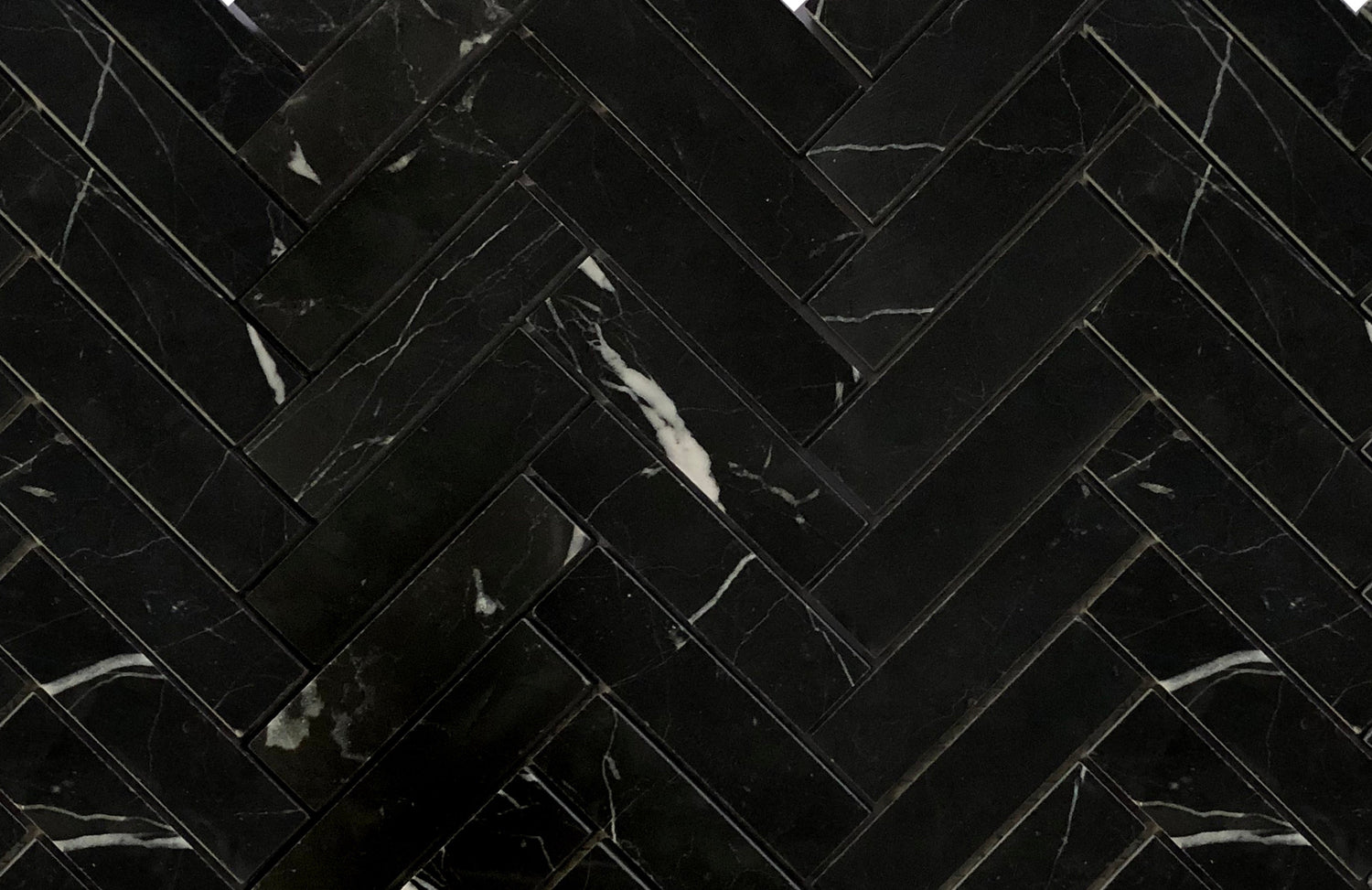 Black Marquina Marble Polished 1 x 4 Herringbone Mosaic Tile