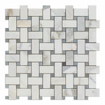 Calacatta Gold Marble Honed Basketweave Mosaic Tile w/ Blue-Gray Dots-Marble Mosaic-American Tile Depot