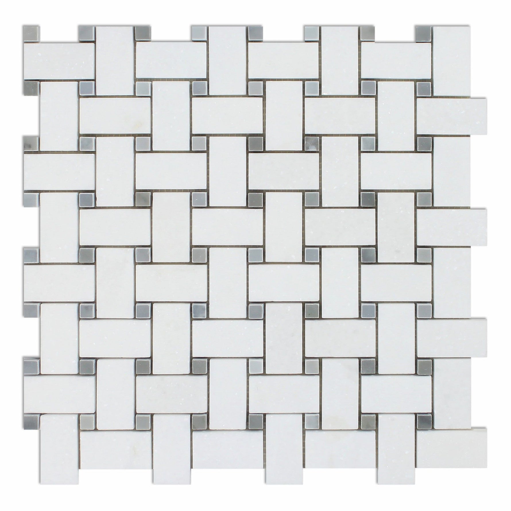 Thassos White Marble Honed Basketweave Mosaic Tile w/ Blue-Gray Dots-Marble Mosaic-American Tile Depot