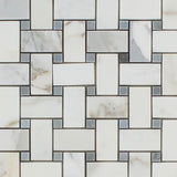 Calacatta Gold Marble Honed Basketweave Mosaic Tile w/ Blue-Gray Dots-Marble Mosaic-American Tile Depot