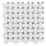 Thassos White Marble Honed Basketweave Mosaic Tile w/ Blue-Gray Dots