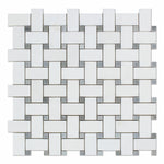 Thassos White Marble Polished Basketweave Mosaic Tile w/ Blue-Gray Dots-Marble Mosaic-American Tile Depot