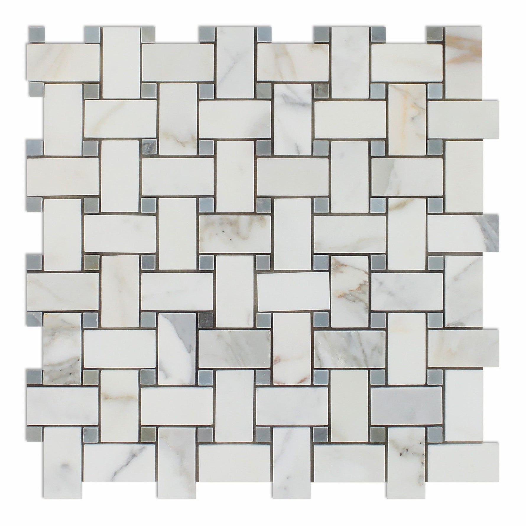 Calacatta Gold Marble Polished Basketweave Mosaic Tile w/ Blue-Gray Dots-Marble Mosaic-American Tile Depot