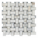 Calacatta Gold Marble Polished Basketweave Mosaic Tile w/ Blue-Gray Dots