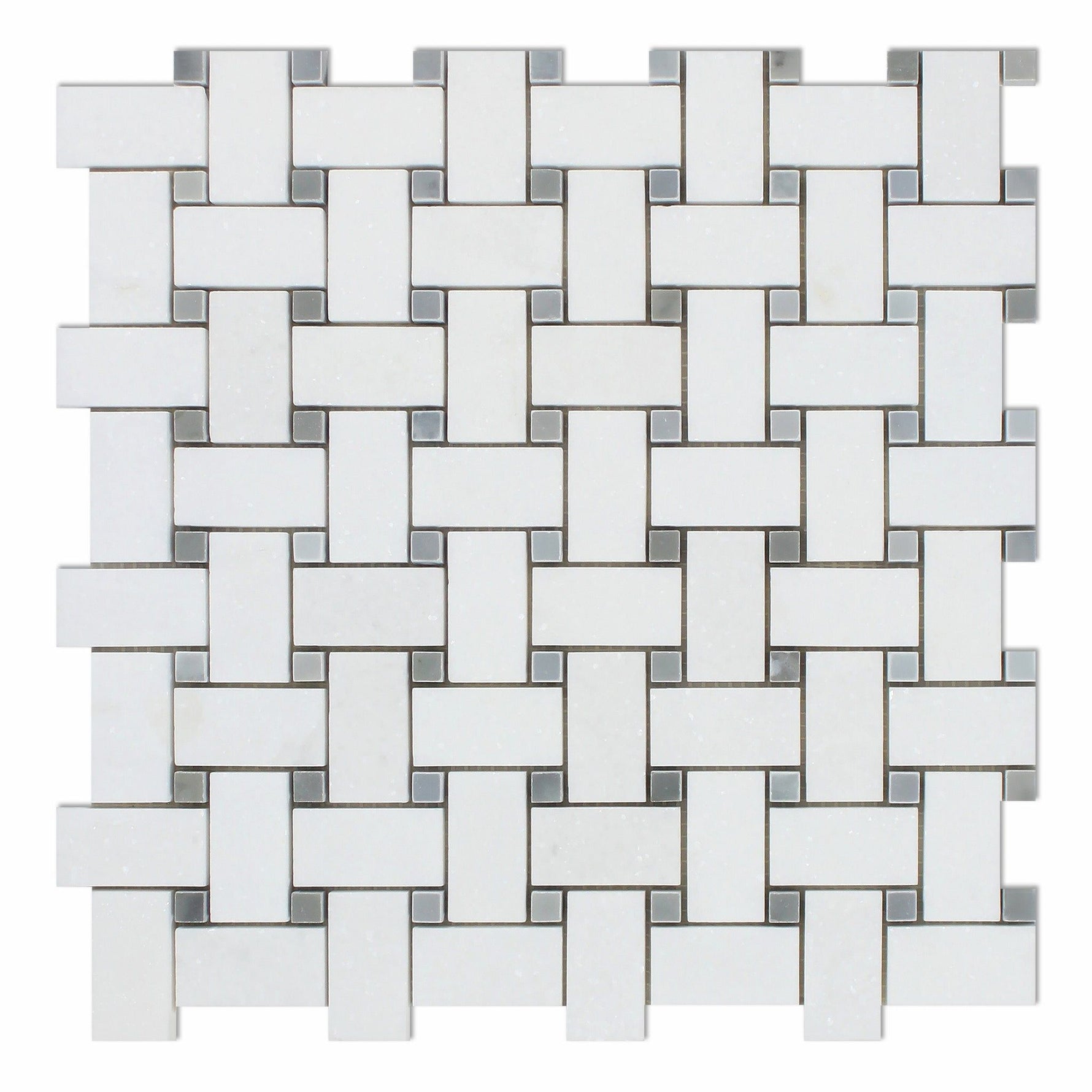 Thassos White Marble Polished Basketweave Mosaic Tile w/ Blue-Gray Dots-Marble Mosaic-American Tile Depot