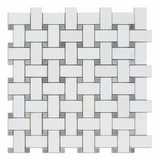 Thassos White Marble Polished Basketweave Mosaic Tile w/ Blue-Gray Dots