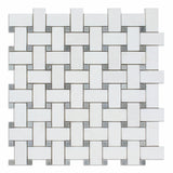 Thassos White Marble Honed Basketweave Mosaic Tile w/ Blue-Gray Dots-Marble Mosaic-American Tile Depot