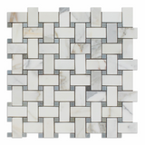 Calacatta Gold Marble Polished Basketweave Mosaic Tile w/ Blue-Gray Dots