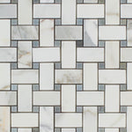 Calacatta Gold Marble Polished Basketweave Mosaic Tile w/ Blue-Gray Dots-Marble Mosaic-American Tile Depot