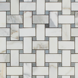 Calacatta Gold Marble Polished Basketweave Mosaic Tile w/ Blue-Gray Dots