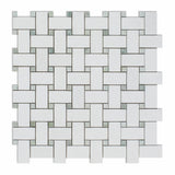 Thassos White Marble Honed Basketweave Mosaic Tile w/ Ming-Green Dots-Marble Mosaic-American Tile Depot