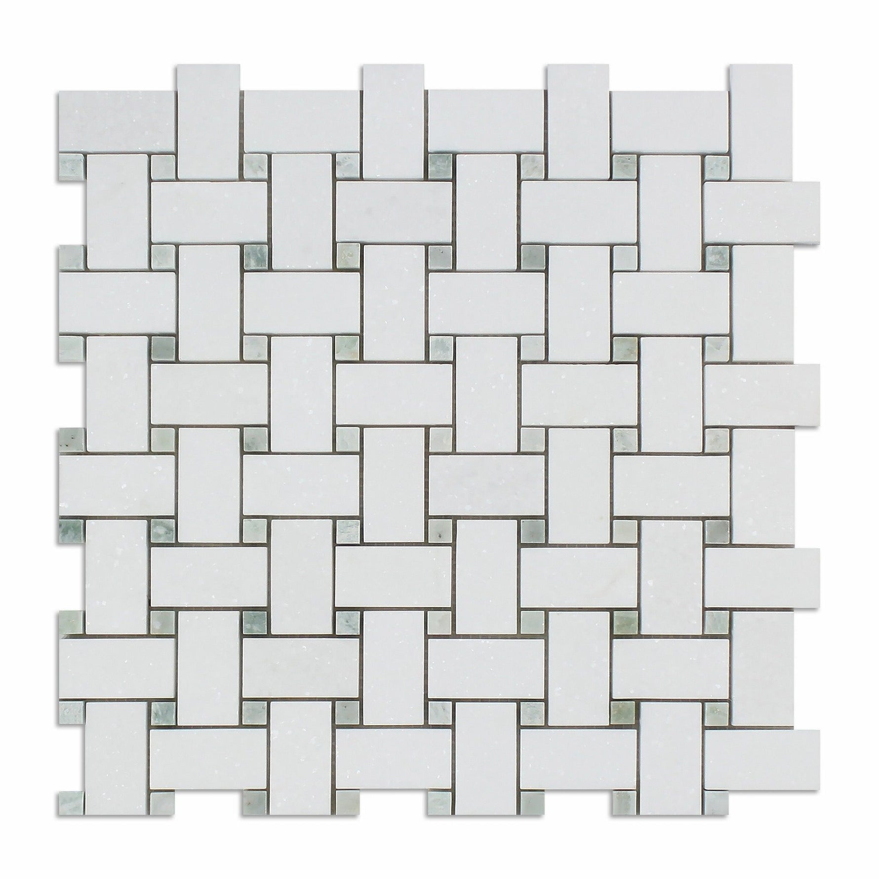 Thassos White Marble Polished Basketweave Mosaic Tile w/ Ming-Green Dots-Marble Mosaic-American Tile Depot