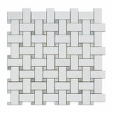 Thassos White Marble Polished Basketweave Mosaic Tile w/ Ming-Green Dots-Marble Mosaic-American Tile Depot