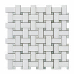 Thassos White Marble Honed Basketweave Mosaic Tile w/ Ming-Green Dots-Marble Mosaic-American Tile Depot