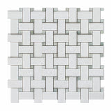 Thassos White Marble Honed Basketweave Mosaic Tile w/ Ming-Green Dots-Marble Mosaic-American Tile Depot