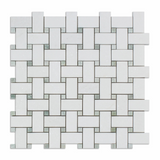 Thassos White Marble Honed Basketweave Mosaic Tile w/ Ming-Green Dots