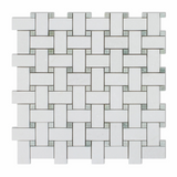 Thassos White Marble Polished Basketweave Mosaic Tile w/ Ming-Green Dots