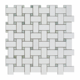 Thassos White Marble Polished Basketweave Mosaic Tile w/ Ming-Green Dots