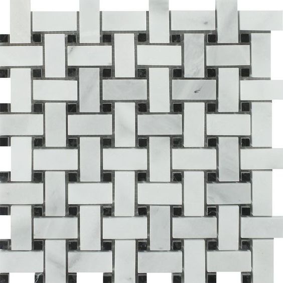 Bianco Venatino (Bianco Mare) Marble Honed Basketweave Mosaic Tile w/ Black Dots-Marble Mosaic-American Tile Depot