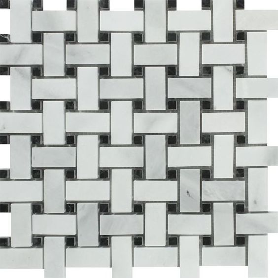 Bianco Venatino (Bianco Mare) Marble Honed Basketweave Mosaic Tile w/ Black Dots-Marble Mosaic-American Tile Depot