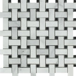 Bianco Venatino (Bianco Mare) Marble Honed Basketweave Mosaic Tile w/ Black Dots-Marble Mosaic-American Tile Depot