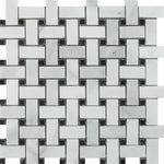 Bianco Venatino (Bianco Mare) Marble Polished Basketweave Mosaic Tile w/ Black Dots-Marble Mosaic-American Tile Depot