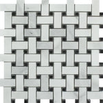 Bianco Venatino (Bianco Mare) Marble Polished Basketweave Mosaic Tile w/ Black Dots-Marble Mosaic-American Tile Depot