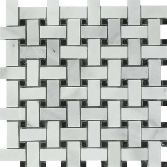 Bianco Venatino (Bianco Mare) Marble Polished Basketweave Mosaic Tile w/ Black Dots-Marble Mosaic-American Tile Depot