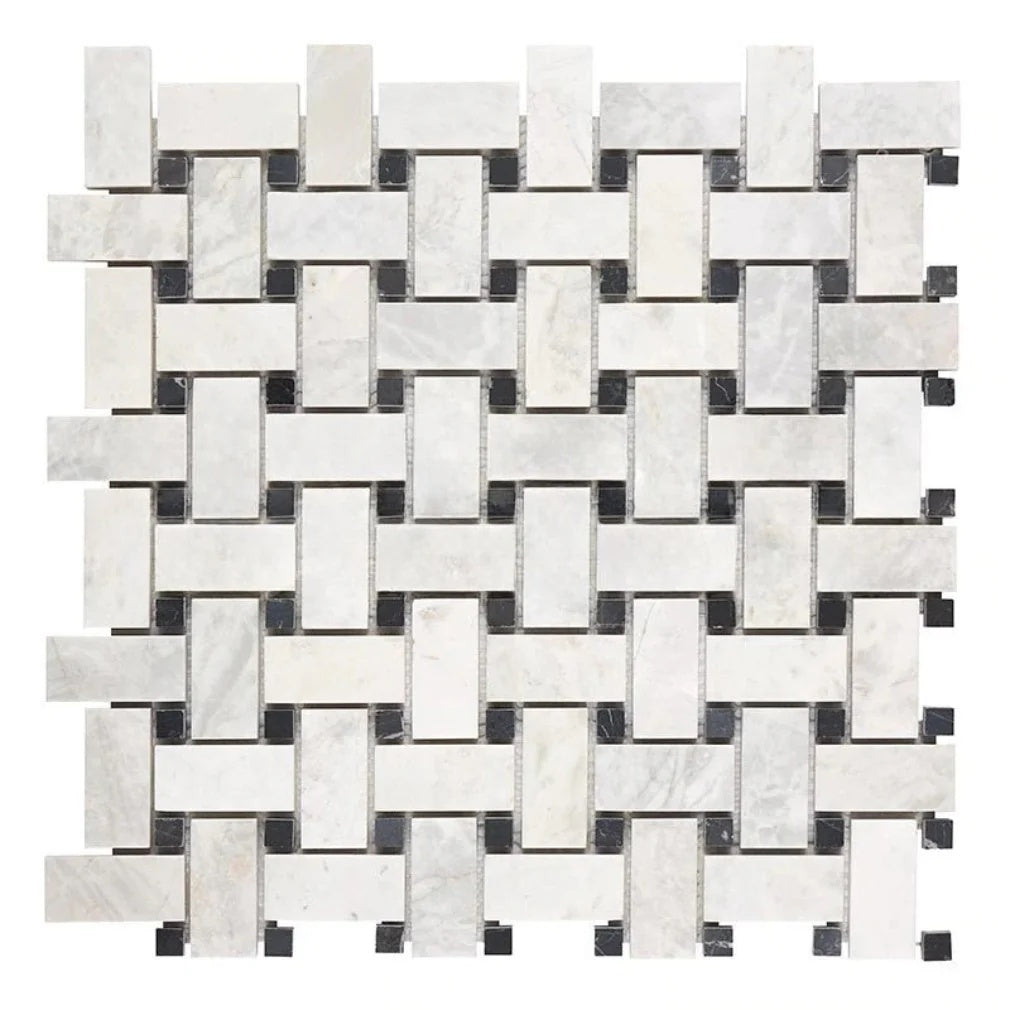 Bianco Congelato Dolomite Polished Basketweave Mosaic Tile w/ Black Dots