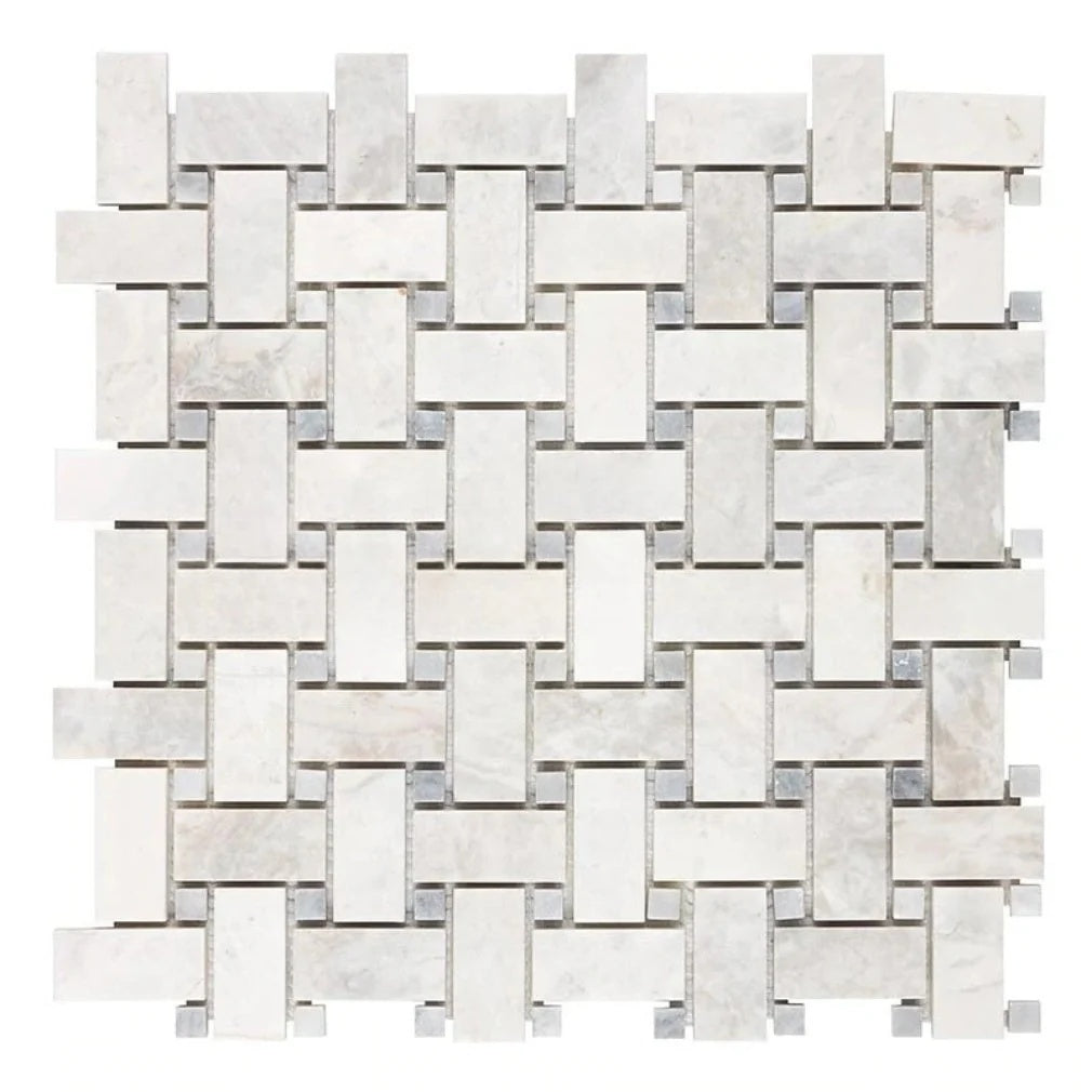 Bianco Congelato Dolomite Polished Basketweave Mosaic Tile w/ Blue-Gray Dots