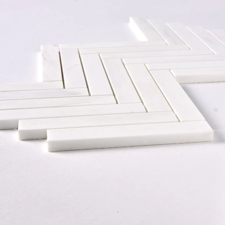 1×6 Bianco Dolomite Polished Herringbone Marble Mosaic Tile-Marble Mosaic-American Tile Depot