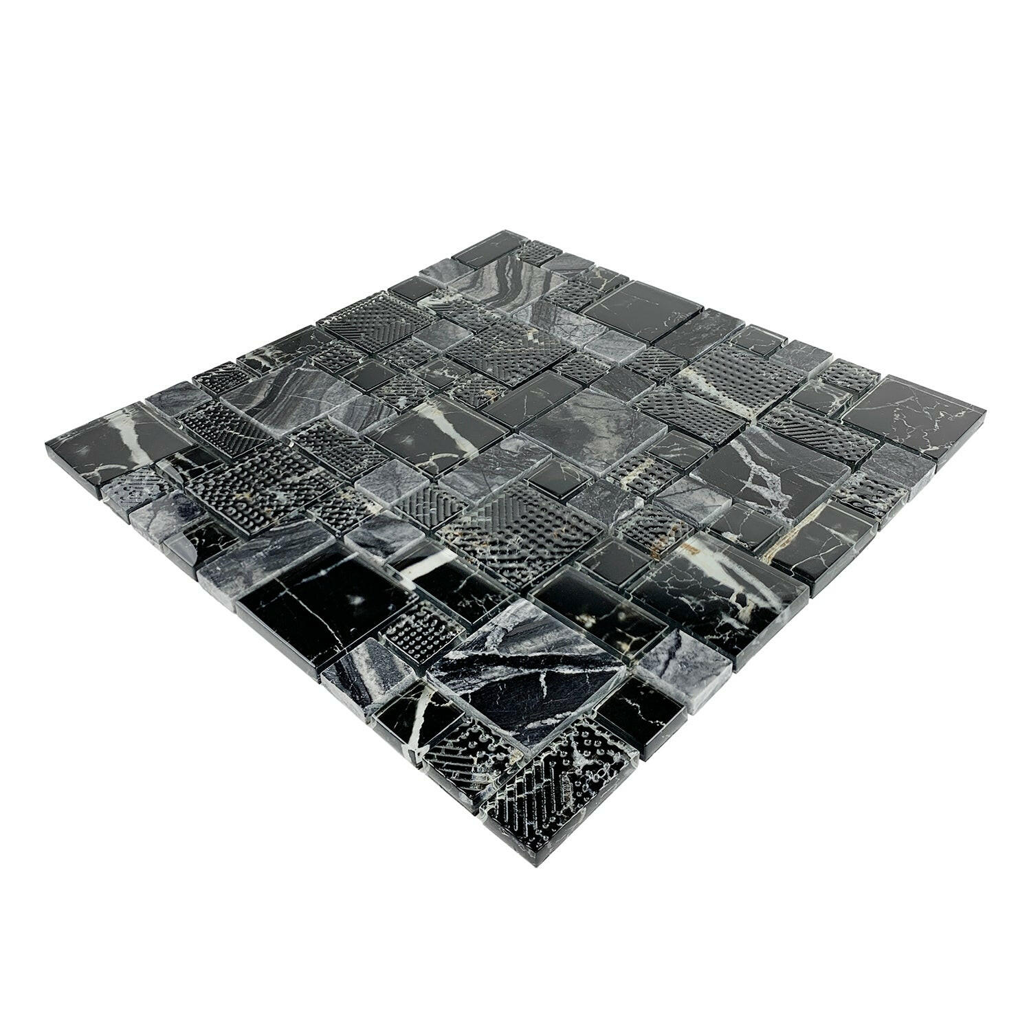 Black & Cream Marble Look Glass & Stone Mosaic Tile-Glass Mosaic-American Tile Depot