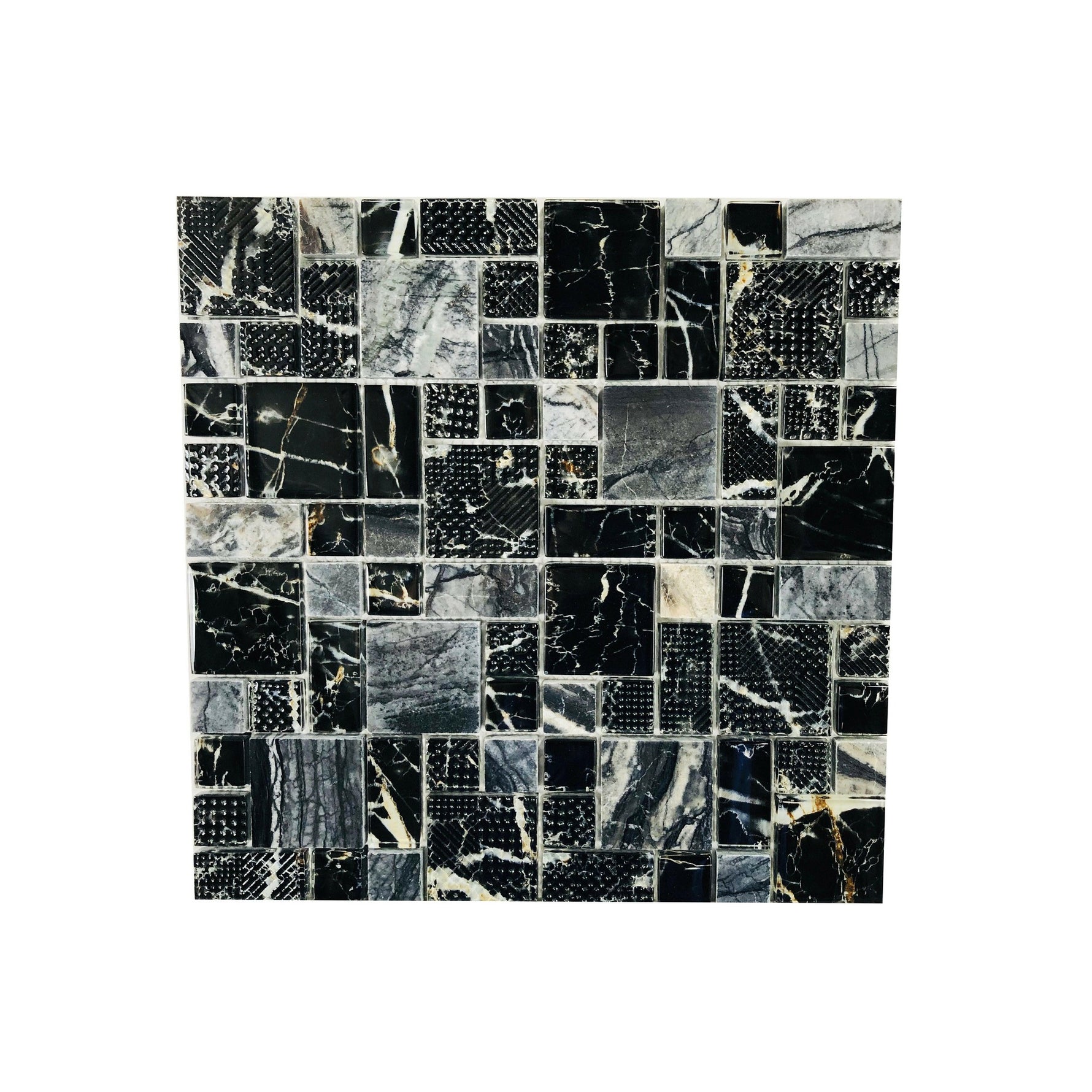 Black & Cream Marble Look Glass & Stone Mosaic Tile-Glass Mosaic-American Tile Depot