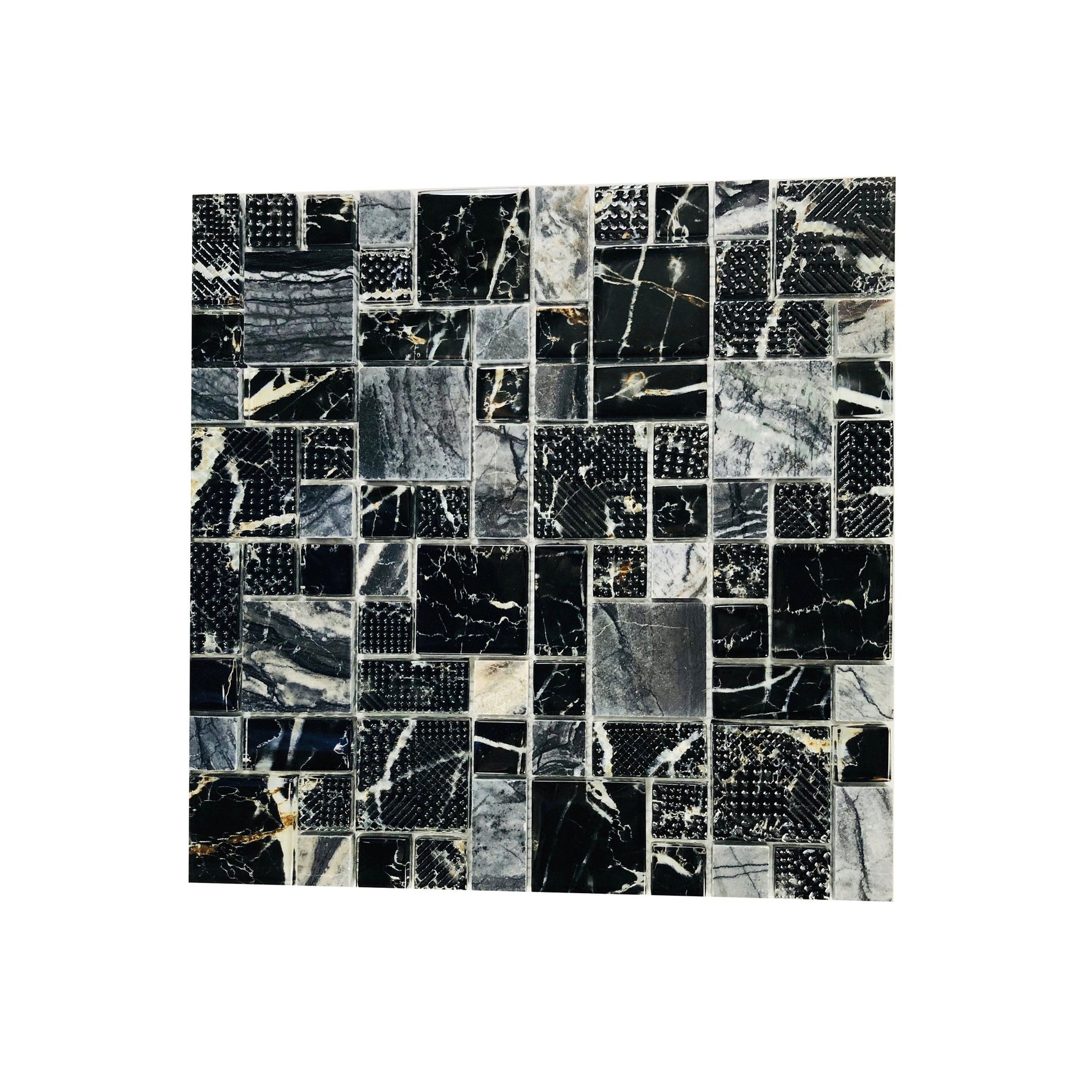 Black & Cream Marble Look Glass & Stone Mosaic Tile-Glass Mosaic-American Tile Depot