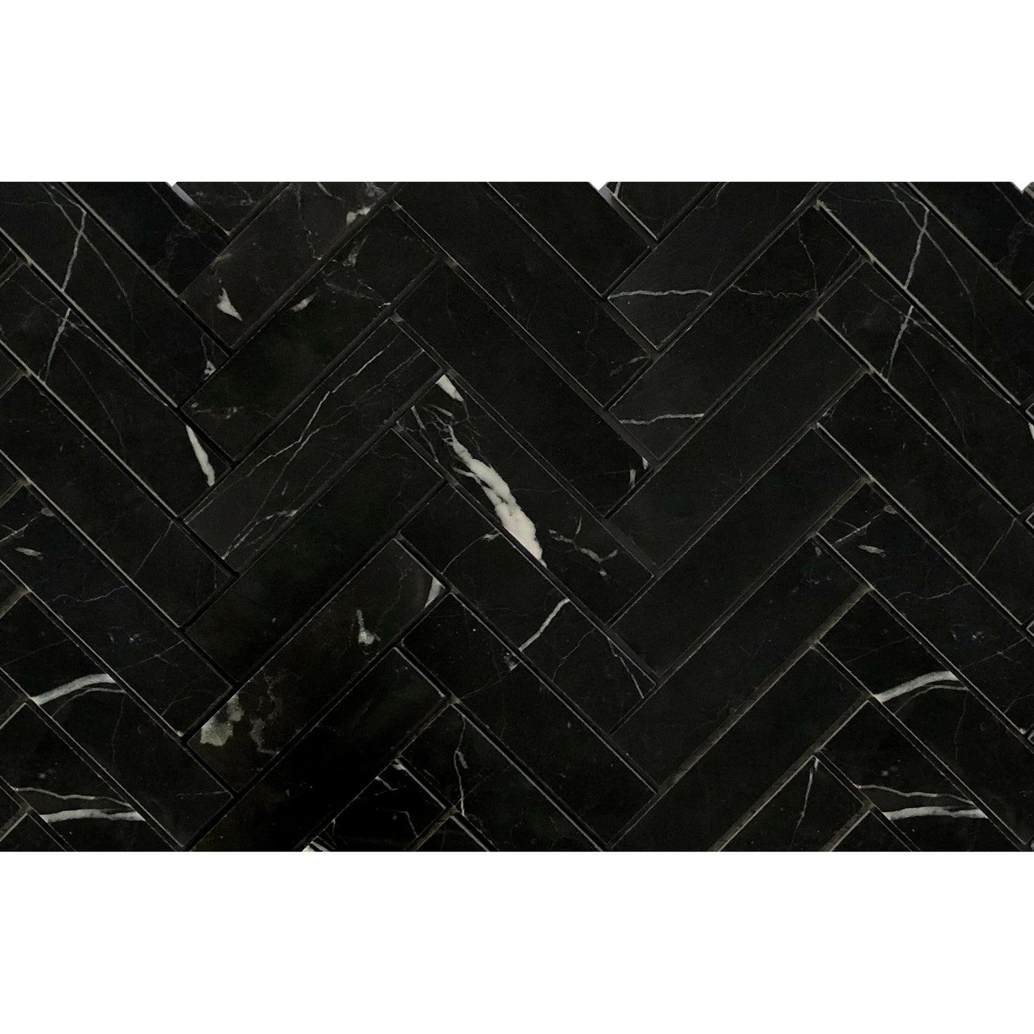 Black Marquina Marble Polished 1 x 4 Herringbone Mosaic Tile-Marble Mosaic-American Tile Depot