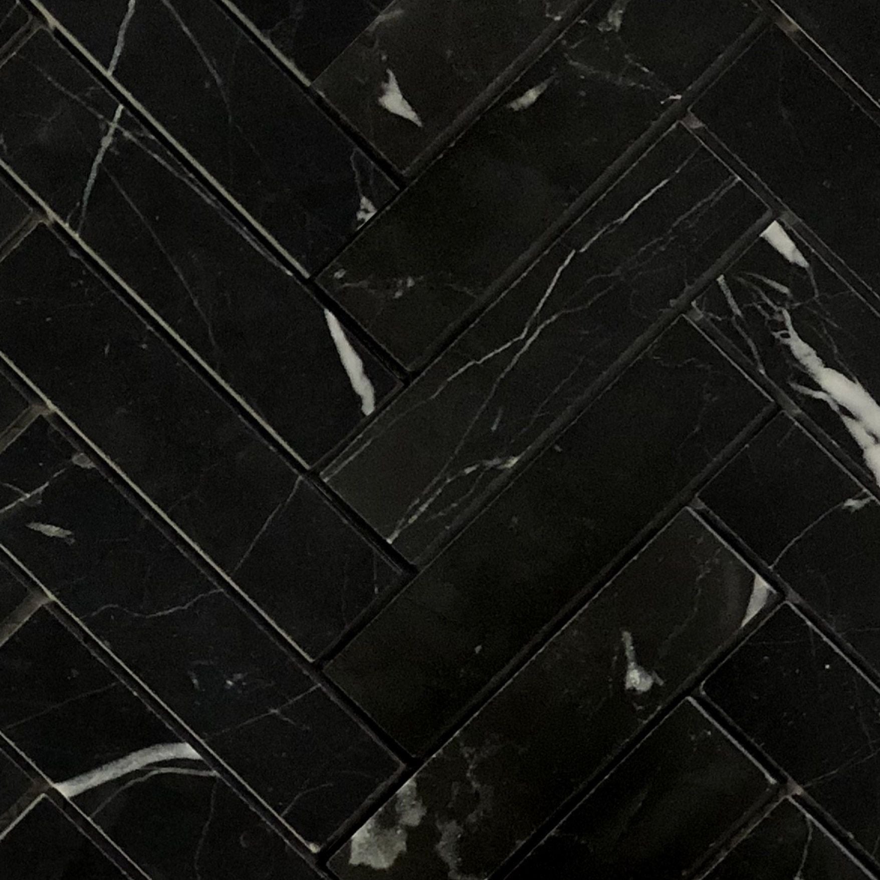 Black Marquina Marble Polished 1.25 x 6 Herringbone Mosaic Tile-Marble Mosaic-American Tile Depot